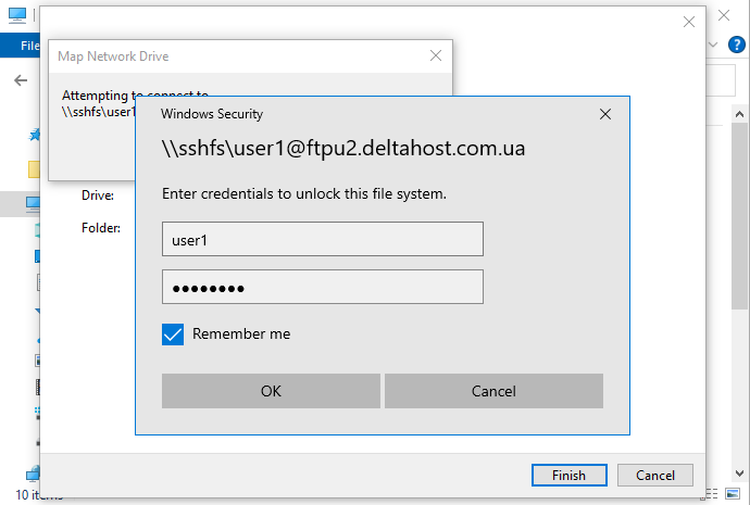 Entering a login and password in the Windows operating system when connecting to a cloud storage using the SSHFS protocol