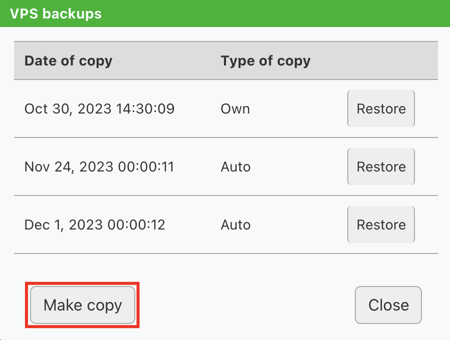 The button for creating a VPS backup copy of the «VPS backups» item in the «VPS Management» section of the control panel