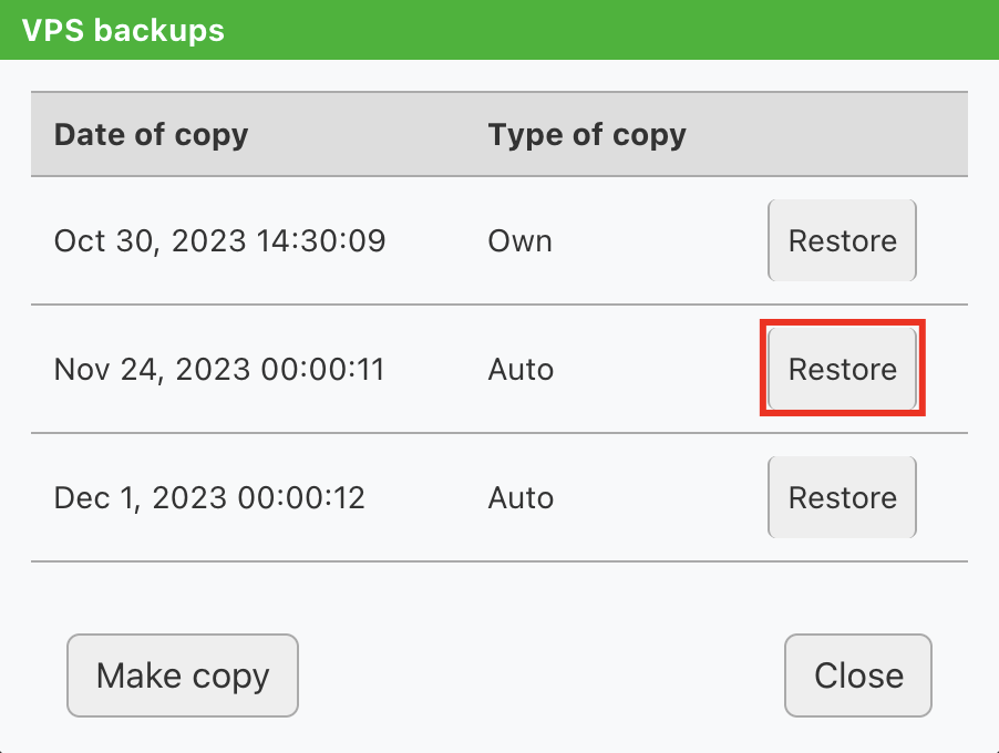 Button to restore VPS from backup