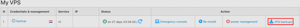 VPS Backup button in the «VPS Management» section of the control panel