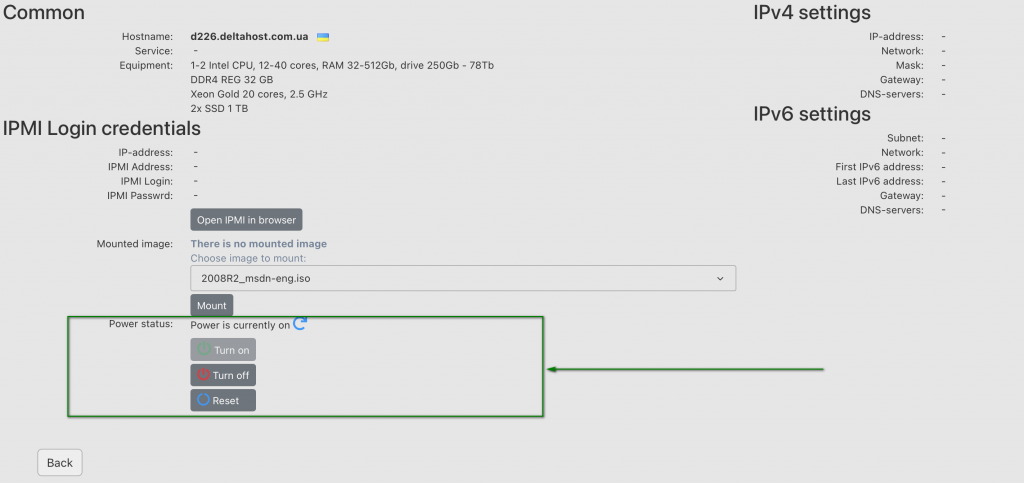 Managing server power from the Deltahost control panel