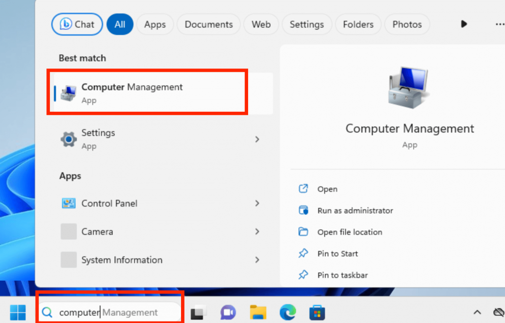 Graphical interface of Microsoft Windows for Desktop. Menu item "Computer Management"