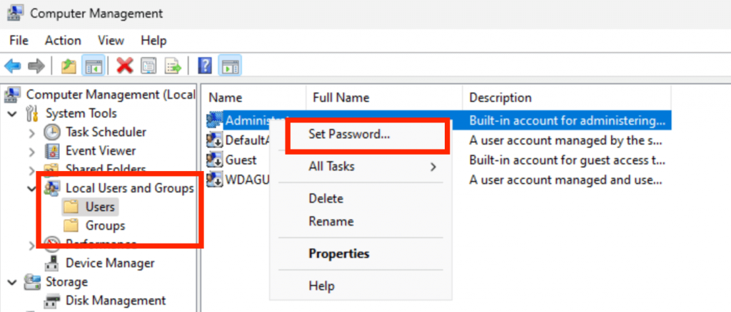 Graphical interface of Microsoft Windows for Desktop. Menu item "Set password"