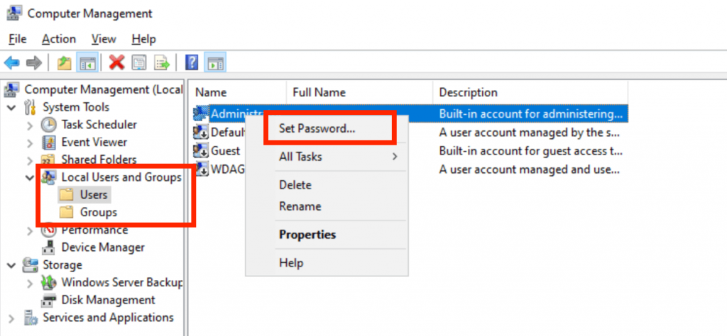 Graphical interface of Microsoft Windows Server. Menu item "Set password"