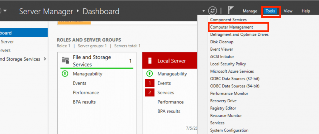 Graphical interface of Microsoft Windows Server. Menu item "Computer Management"