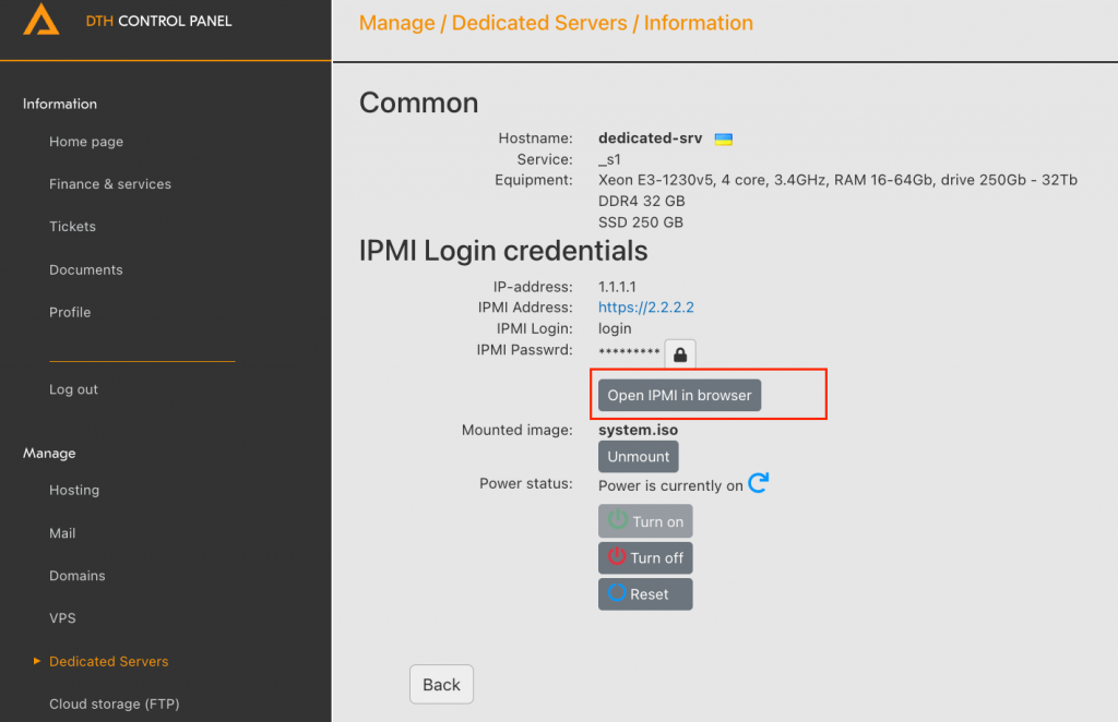 Dedicated server management page in Deltahost control panel